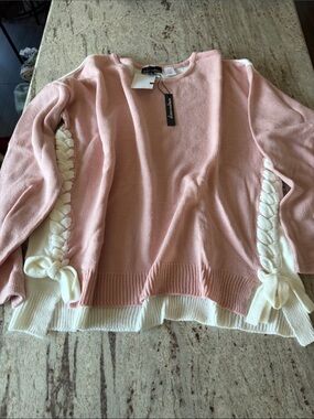 Pink and White Crewneck Sweater with white Braided Side Ties